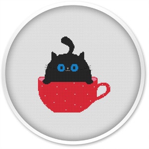 Black Cat in Red Cup Cross Stitch Pattern (PDF Download)