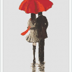 Red Umbrella Couple Cross Stitch Pattern: Abstract Love (PDF Pattern)