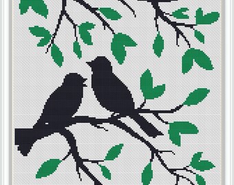 Vogels kruissteekpatronen, boom kruissteek, kruissteek pdf, kruissteekpatroon liefde, vogels op boom pdf patroon #318