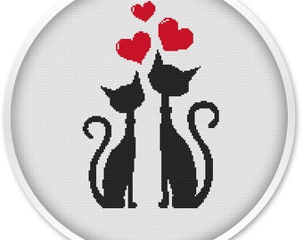 Cats love cross stitch patterns, cross stitch pdf, cross stitch pattern love, valentine's day, cats love cross pdf pattern #079