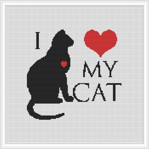 Black Cat Cross Stitch Pattern: Geometric &#39;I Love My Cat&#39; Design (PDF Download)