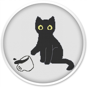 Black Cat & Coffee Cross Stitch Pattern: Geometric Design (PDF Download)