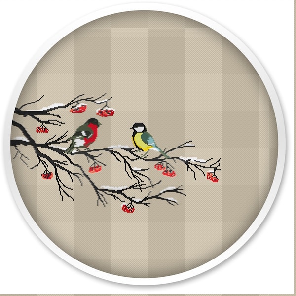 Winter birds cross stitch pattern, instant download, free shipping, handmade design, cross stitch patterns, tits birds stitching #028