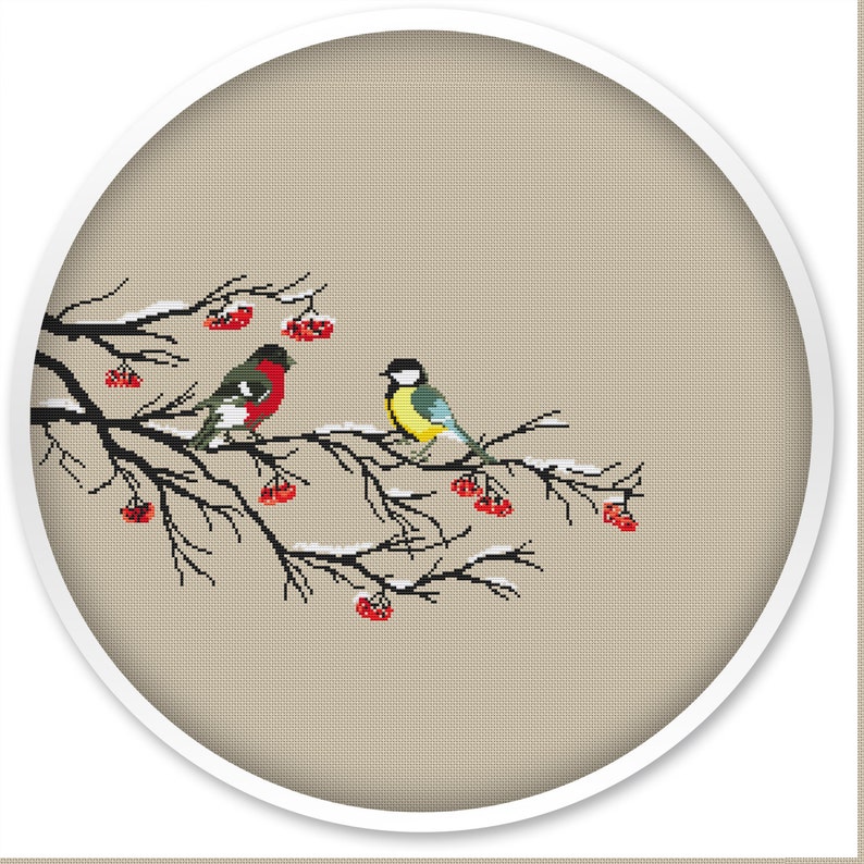 Winter birds cross stitch pattern, instant download, free shipping, handmade design, cross stitch patterns, tits birds stitching 028 image 1