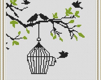 Small Birds cross stitch patterns, tree cross stitch, cross stitch pdf, cross stitch pattern love, birds on tree pdf pattern #386