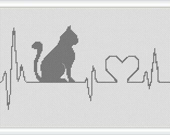 Black Cat Heartbeat Cross Stitch Pattern (PDF Download)