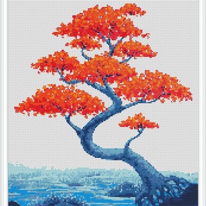 May include: A digital painting of a red bonsai tree with a blue trunk and branches. The tree is set against a white background with a blue and white water scene at the bottom.