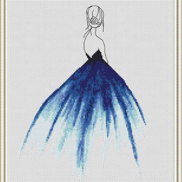 Ballerina Girl Cross Stitch Pattern: Elegant Blue Dress (PDF Download)