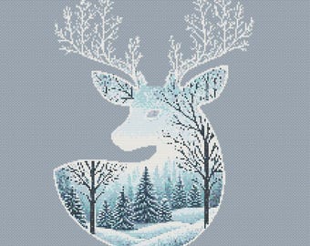 Winter Deer Cross Stitch Pattern: Forest Scene (PDF Download)