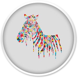 May include: A colorful geometric zebra design with a white background. The zebra is depicted in a dripping paint style with black, red, pink, yellow, and blue colors.