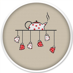 Tea time cross stitch pattern, instant download, free shipping, cross stitch PDF, kitchen cross stitch pattern, cute thing, teapot #296