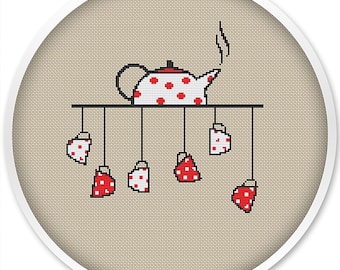 Korsstygnsmönster för tetid: Tekanna och koppar (PDF-mönster)