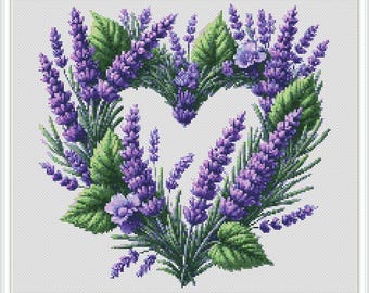 Lavender Heart Wreath Cross Stitch Pattern: Abstract Floral Design (PDF)