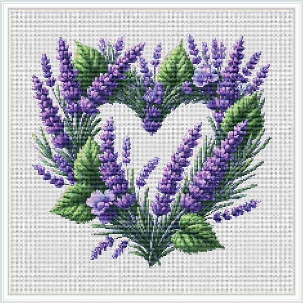 Lavender Heart Wreath Cross Stitch Pattern: Abstract Floral Design (PDF)