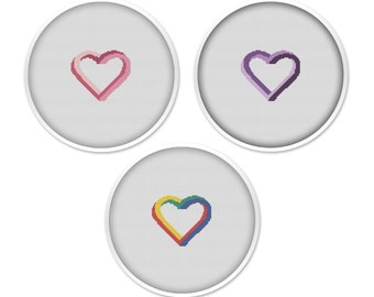 3 Abstract heart cross stitch patterns of different colours, cross stitch pdf, Love cross stitch, heart pdf, heart cross stitch #101