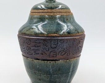 Handmade Ceramic Jar in Rich Jade Color - featuring hand carved designs