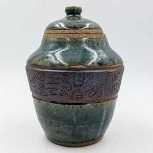 Handmade Ceramic Jar in Rich Jade Color - featuring hand carved designs