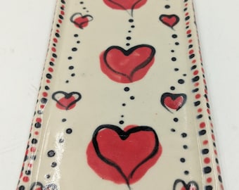 Small Handmade Ceramic Tray with Painted Red Hearts