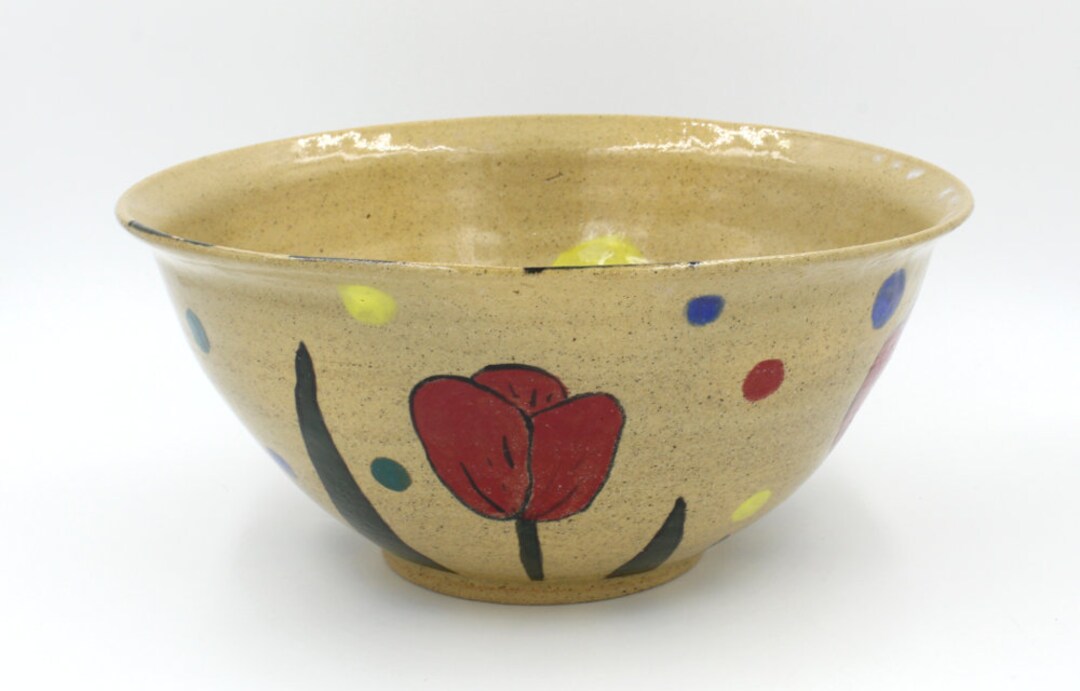 Ceramic Handmade Serving Bowl W/ Hand Painted Tulip Etsy