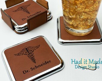 Caduceus, Doctor Gift, Nurse Gift, Physician Gift (CS-DR1)  Leather Coaster Set