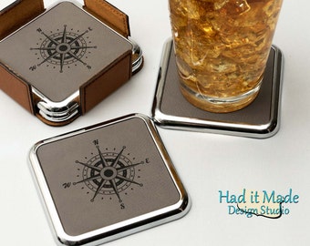 Nautical Compass Coaster Set, (CS-N3A) Leather Coaster, 3rd Anniversary, Wedding Gift, Housewarming Gift, Realtor Gift, Closing Gift