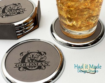 Monogram Coaster Set, (CS-M3b)  Leather Coaster, 3rd Anniversary, Wedding Gift, Housewarming Gift, Realtor Gift, Closing Gift