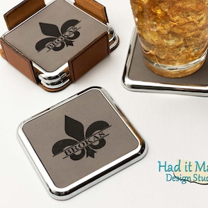 Fleur-de-lis Coaster Set, (CS-F12) Monogram Leather Coaster, 3rd Anniversary, Wedding Gift, Housewarming Gift, Realtor Gift, Closing Gift