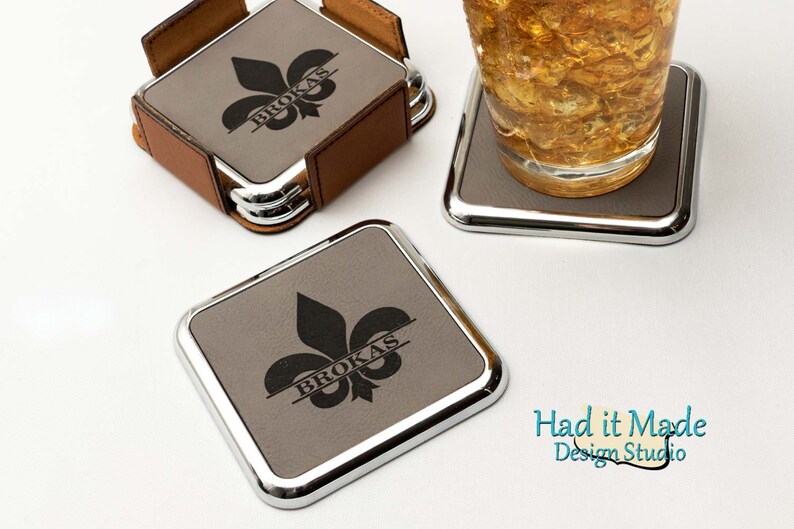 Closing Gift Fleur-de-lis Coaster Set, Realtor Gift 3rd Anniversary CS-F12 Wedding Gift Housewarming Gift Monogram Leather Coaster