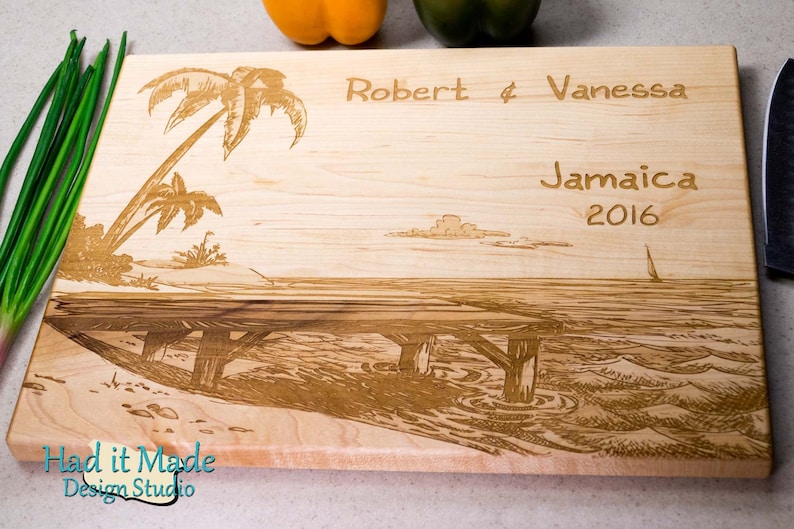 B2 Sail Boat Cutting Board Personalized Cutting Board Pier Palm tree Engraved Cutting Board Wood Water Scene Custom Cutting Board