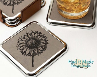 Sunflower Coaster Set, (CS-SUN) Leather Coaster, 3rd Anniversary, Wedding Gift, Housewarming Gift, Realtor Gift, Closing Gift