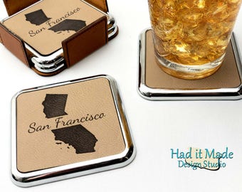 State Coaster Set, (CS-STATE-4) Monogram Leather Coaster, 3rd Anniversary, Wedding Gift, Housewarming Gift, Realtor Gift, Closing Gift