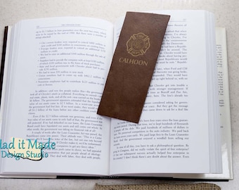 Firefighter Maltese Cross Bookmark, (BM-FIRE1) Fine Leather Bookmark with Custom made Burlap Gift Bag, Fireman Gift, Bookworm