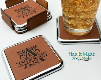 Monogram Coaster Set, (CS-M3c)  Leather Coaster, 3rd Anniversary, Wedding Gift, Housewarming Gift, Realtor Gift, Closing Gift
