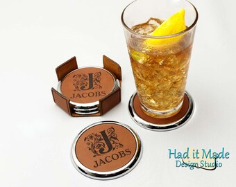 Monogram Coaster Set, (CS-M22a) Monogram Leather Coaster, 3rd Anniversary, Wedding Gift, Housewarming Gift, Realtor Gift, Closing Gift