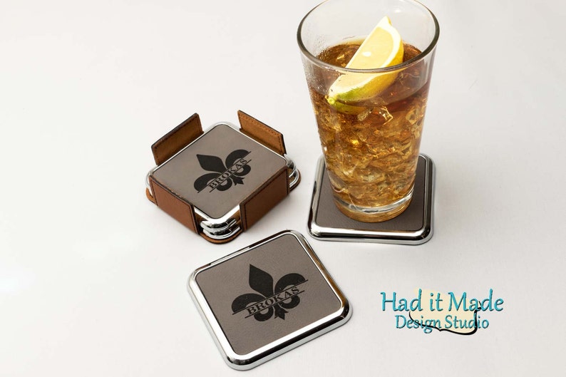Closing Gift Fleur-de-lis Coaster Set, Realtor Gift 3rd Anniversary CS-F12 Wedding Gift Housewarming Gift Monogram Leather Coaster