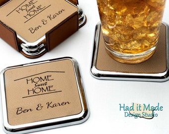Home Sweet Home Coaster Set, (CS-HSH2) Leather Coaster,  Housewarming Gift, Realtor Gift, Closing Gift, 3rd Anniversary, Wedding Gift