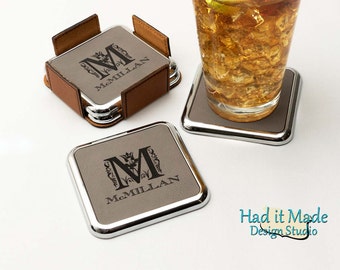 Monogram Coaster Set, (CS-M22b) Monogram Leather Coaster, 3rd Anniversary, Wedding Gift, Housewarming Gift, Realtor Gift, Closing Gift