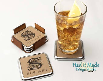 Monogram Coaster Set, (CS-M22c) Monogram Leather Coaster, 3rd Anniversary, Wedding Gift, Housewarming Gift, Realtor Gift, Closing Gift