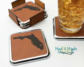 Staatliches Untersetzer Set, (CS-STATE-3a) Monogramm LederUntersetzer, 3. Jahrestag, Hochzeitsgeschenk, Einweihungsgeschenk, MaklerGeschenk