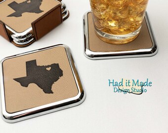State Coaster Set, (CS-STATE-3) Monogram Leather Coaster, 3rd Anniversary, Wedding Gift, Housewarming Gift, Realtor Gift, Closing Gift