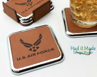 Navy Seal Coaster Set, (CS-AF) US Air Force Leather Coaster, 3rd Anniversary, Wedding Gift, Housewarming Gift, Realtor Gift, Closing Gift
