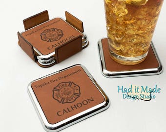 Firefighter Maltese Cross Coaster Set, (CS-FIRE1a) Leather Coaster, 3rd Anniversary, Wedding Gift, Housewarming Gift, Realtor Gift, Closing