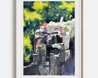 Arte figurativo Pintura gouache original Niño sobre rocas Arte mural de personas Arte contemporáneo Pintura de personas 16x22 pulgadas de Bogdan Shiptenko