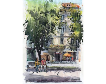 Lviv ensoleillé Giclée d'aquarelle originale, peinture de paysage urbain, art de l'architecture, croquis à l'aquarelle, 11 x 14 pouces, par Bogdan Shiptenko