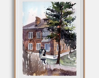 Cityscape painting Original watercolor artwork Waiting by House Architecture sketch Framed wall art Vertical art 12 x 16 by Bogdan Shiptenko
