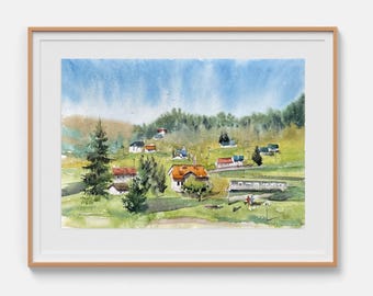 Landscape painting Original watercolor painting Country village Watercolor artwork Tree painting Landscape art 12" x 16" by Bogdan Shiptenko