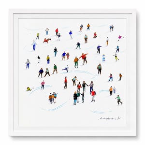 May include: A square framed print featuring a white background with numerous small, colourful figures of people ice skating. The figures are depicted in various poses and bright clothing, with thin blue lines indicating their paths on the ice.
