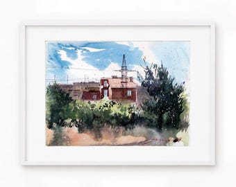 Cityscape painting Original watercolor painting Light roof Architecture sketch Watercolor artwork Landscape art 12 x 16" by Bogdan Shiptenko