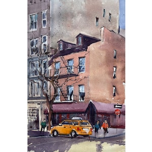 New York Manhattan Skyline Original Watercolor Painting Cityscape Painting East Village Street Painting 12 by 16" inches by Bogdan Shiptenko