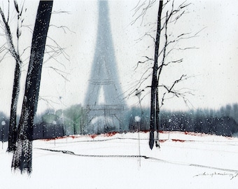 Cityscape painting Print of original Watercolor painting Winter Paris Architecture sketch Paris painting Winter art 8x12 by Bogdan Shiptenko